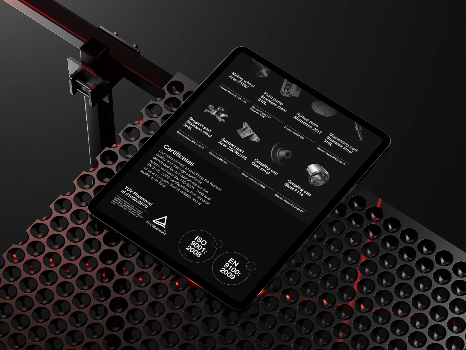 The Mebsa website — product specs and certifications on a tablet