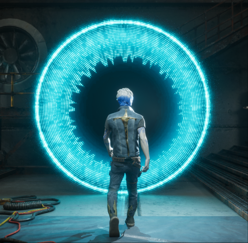 A Readyverse character stepping through a portal