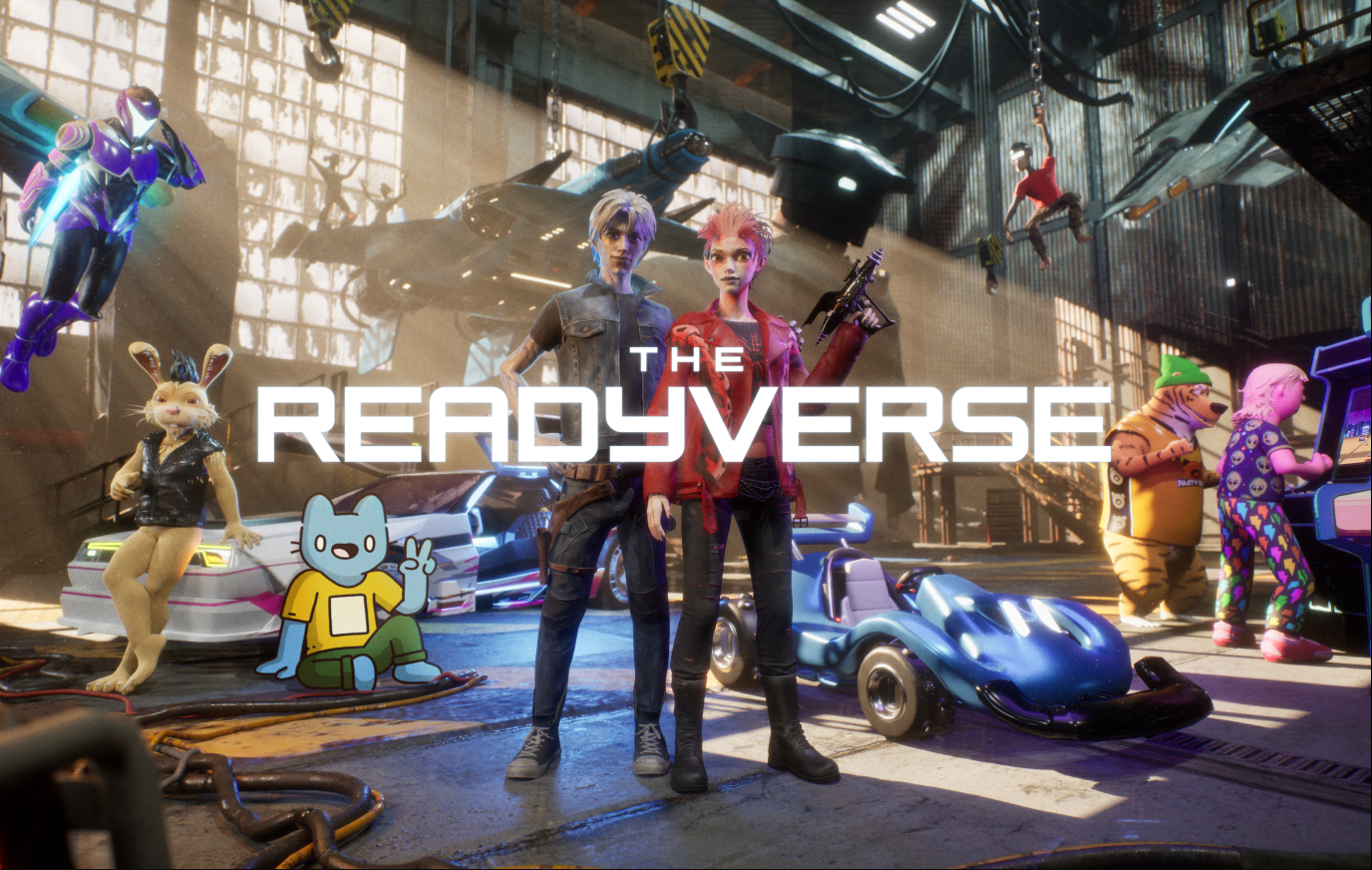 The Readyverse hero group shot: characters and a kart inside a garage