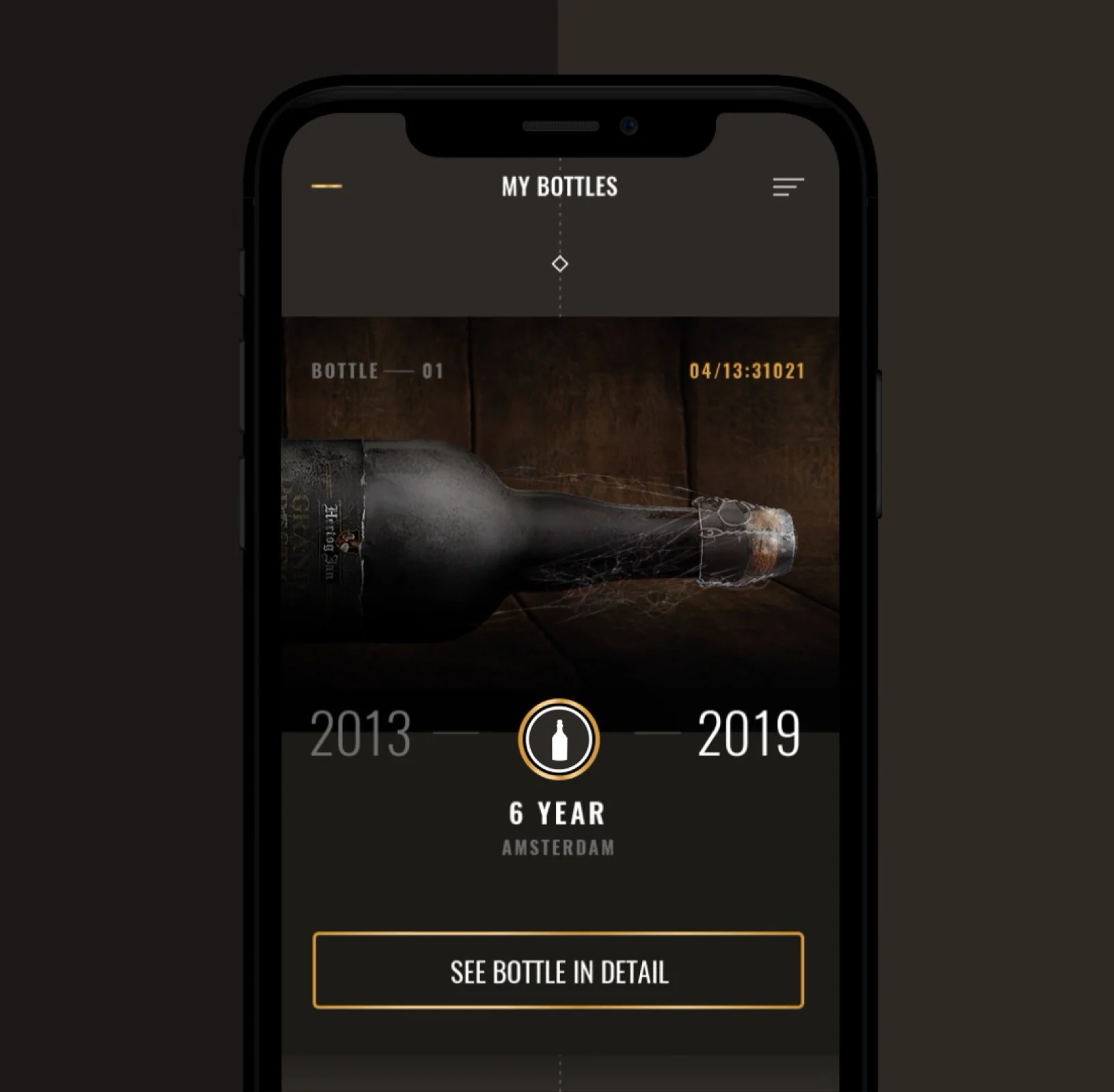 The My Bottles screen showing a bottle's aging timeline from 2013 to 2019