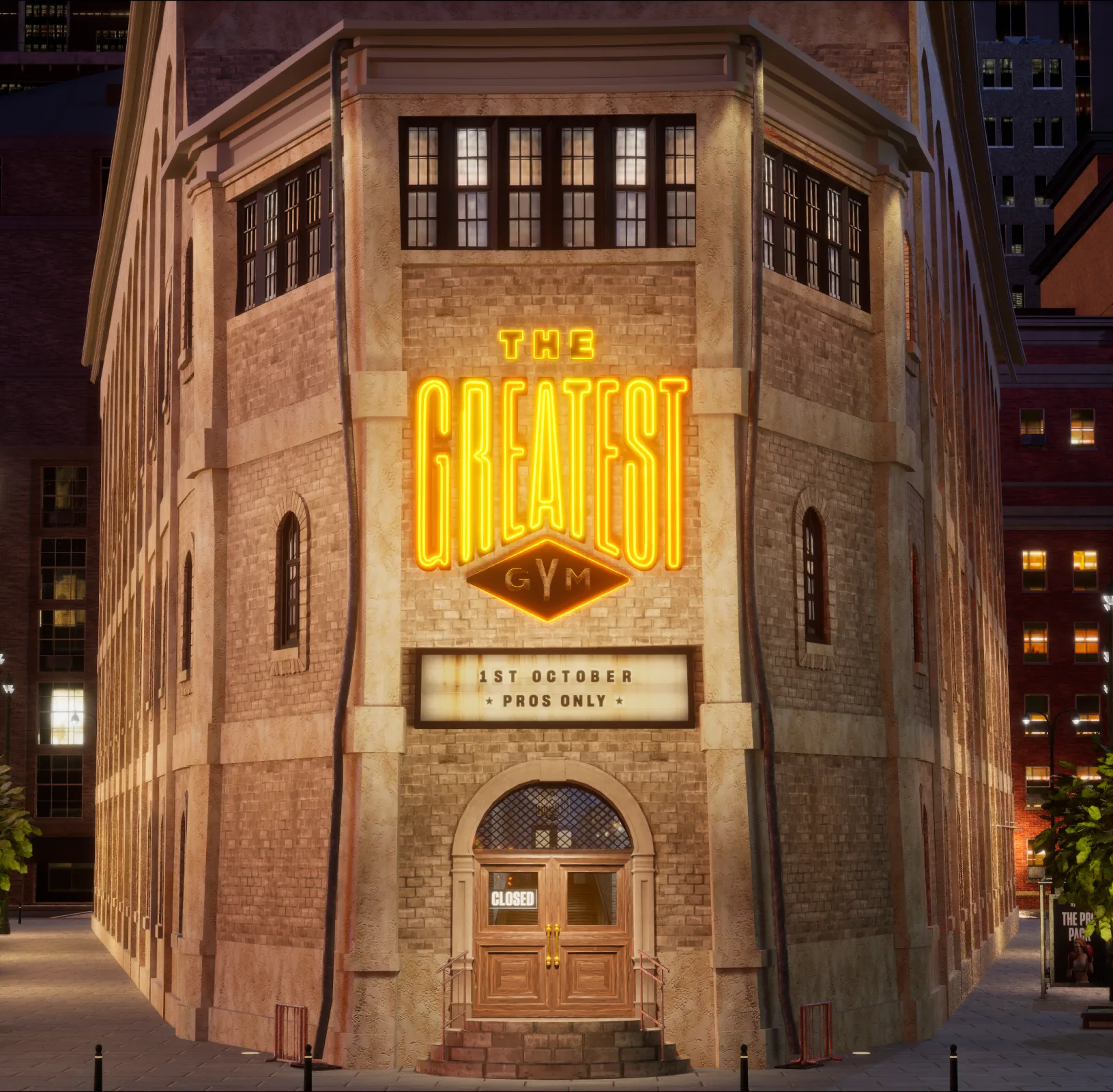 A locked gym door in the game world