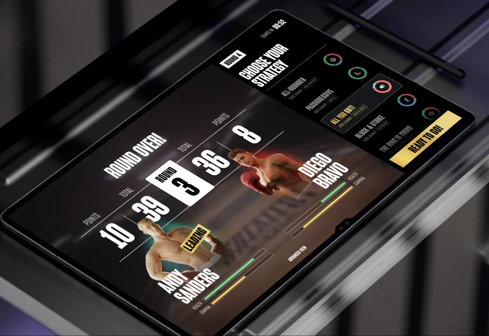 Mid-fight stats on a tablet