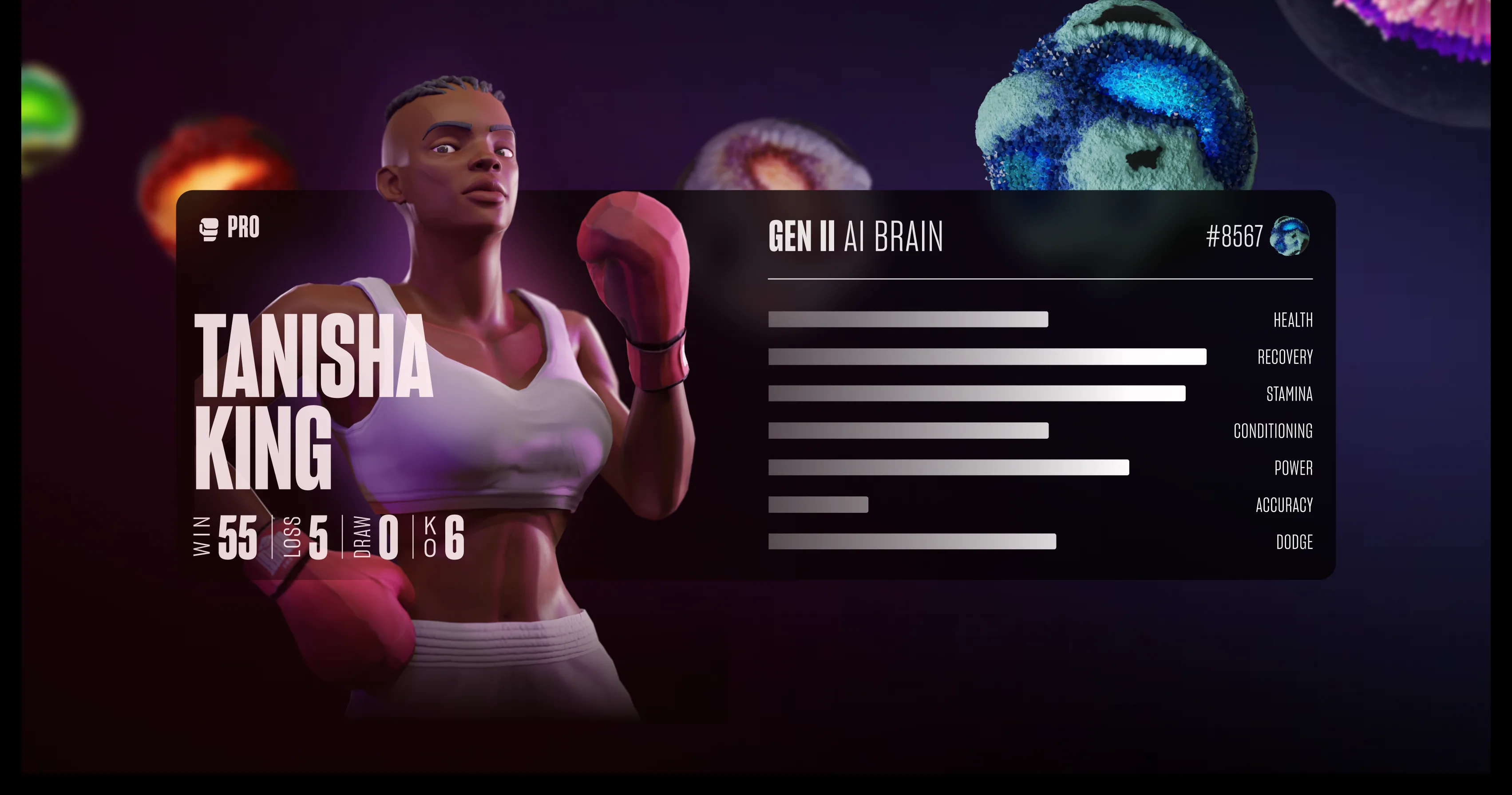 A boxer paired with a Gen II AI Brain, with fight stats